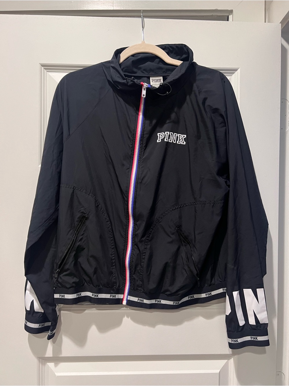PINK Victoria's Secret Black Jacket with Red-White-Blue Zipper